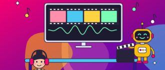 Девушка-монтажёр в наушниках и робот с хлопушкой у большого экрана, где кадры фильма соединяются со звуковой волной